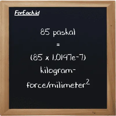 Cara konversi paskal ke kilogram-force/milimeter<sup>2</sup> (Pa ke kgf/mm<sup>2</sup>): 85 paskal (Pa) setara dengan 85 dikalikan dengan 1.0197e-7 kilogram-force/milimeter<sup>2</sup> (kgf/mm<sup>2</sup>)